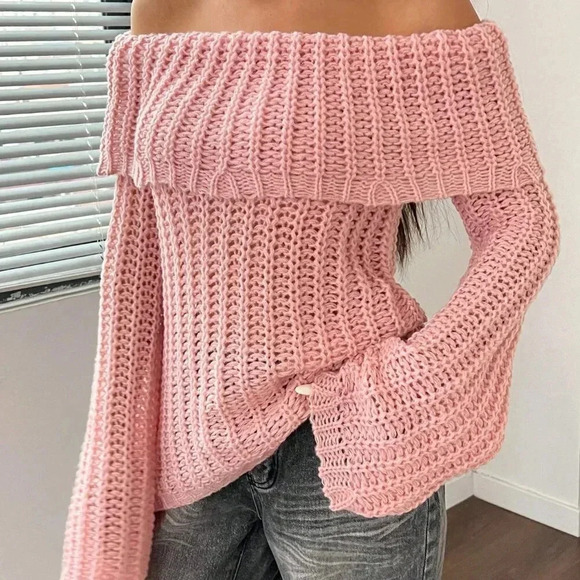 Pink Casual Women's Off-Shoulder Long Sleeve Sweater - Picture 6 of 6